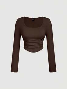 SHEIN MOD 3 Pack Plus Size Women's Square Neck Bodycon Long Sleeve Crop Tops,3pcs Pleated Smart Casual Everyday T-Shirt Set,Autumn Fall Winter ,Black - Multicolor - View 5