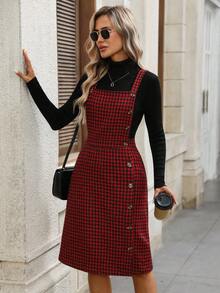 EMERY ROSE Women's Casual Houndstooth Sleeveless Split Midi Dress, Suitable For Autumn Daily Wear Red  Red Plaid Dress Red Houndstooth Dress Checkered Dress Autumn Dress Women Dresses Autumn Winter  Christmas Dress Christmas Clothes For Women New Year Dress - Red - View 3