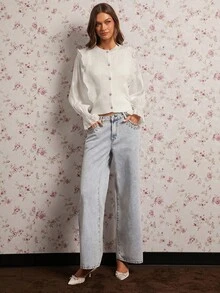 Enchnt Suéteres de mujer casuales, de moda, versátiles y sencillos de manga larga con botones - Blanco - Ver 3