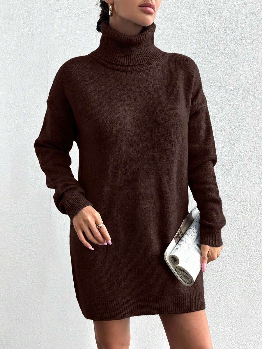 EURMUSE Women's Solid Color Turtleneck Casual Versatile Long Sleeve Sweater Dress - Coklat - View 1