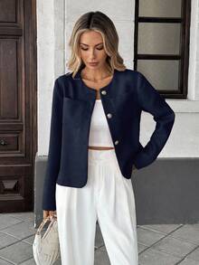 Pariaura 优雅法式编织圆领长袖常规版型女士绿色夹克，夏季新品 - 藏蓝色 - 查看 3