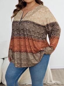 SHEIN CURVE+ Áo thun cổ bẻ màu nâu Giáng sinh cỡ lớn dành cho nữ, áo thun chủ đề Giáng sinh dành cho nữ, quần áo thu/đông cỡ lớn - Nhiều màu - Xem 4