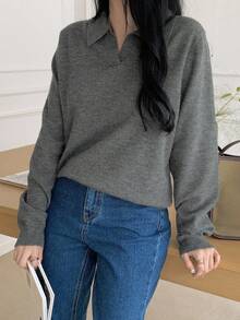 DAZY 复古风格女式长袖分层 Polo 领毛衣 - 灰色 - 查看 6