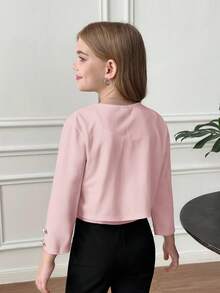 SHEIN Tween Girl Commuting Casual Solid Color Open Front Cropped Knit Jacket With Metal Buttons Autumn Winter Clothes For Girl - Baby Pink - View 9