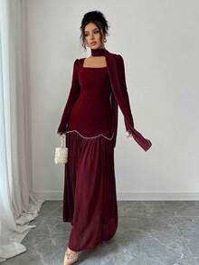 Elenzga Elegant Romantic Pearl Decor Puff Sleeve Square Neck Waist Fitted A-Line Dress For Women - Burgundy - View 7