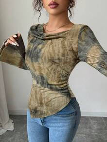Elenzga 女式垂领提花喇叭袖收腰不对称下摆长款休闲复古哥特式 T 恤，适合外出、日常穿着、万圣节、秋季 - 彩色 - 查看 6