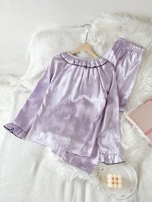 2pcs/Set Teen GirlCute Butterfly Jacquard Long Sleeve Top And Pants Elegant Loungewear Girls Satin Pajamas Purple Pajamas Set Purple Pjs For Girls Fall Winter - Mauve Purple - View 2