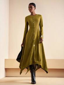 Zivah 20  Autumn New Arrival Halloween Birthday Party Banquet College Style Student Daily Casual Versatile Cruise Travel Viral Hit Elegant Commute Business Casual Round Neck Long Sleeve Front Metal Button Decor Slit A-Line Silhouette Olive Green Vertical Sheer Lace Fabric Lined Long Dress For Women - Army Green - View 7