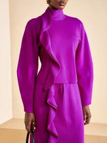 Zivah 2025 Autumn/Winter New Elegant Party, Daily, Date, Work Commute Refined Sexy Casual Long Sleeve Ruffle Trim Loose Purple Women Sweater 2pcs Set - A,Cozy Fall And Winter Clothes For Women