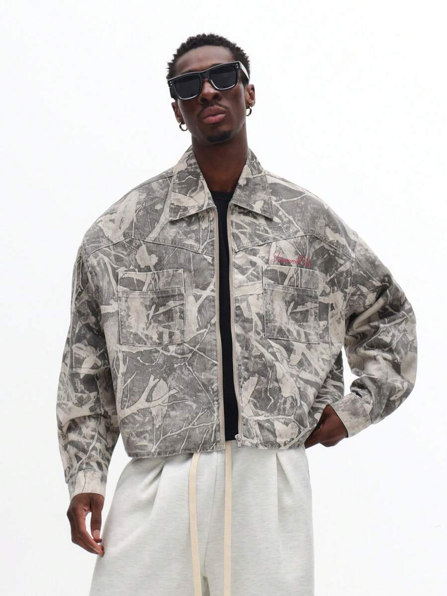 SUMWON Crop Fit Oversized Zip Front Camouflage Pattern Trucker Jacket With Utility Pockets Streetwear Paneled Lightweight Outerwear Spring Fall Casual Wear - Multicolor - View 1