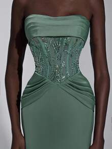 Elitara Elegant Gray-Green Gorgeous Beaded Sequined Satin Stitching Tube Top With Mesh Waist, See-Through Waist, Slimming Pleats, Fishtail Train. Suitable For Wedding Events, Autumn And Winter Party Dresses, Wedding Guests, Women's Luxury Evening Dress, Halloween And Christmas Dress.