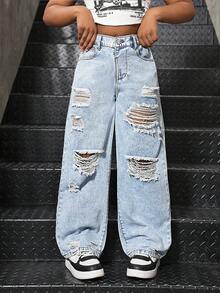 Sparklyn Tween Girls Y2K 休闲百搭破洞宽松阔腿牛仔裤，适合日常城市散步穿着 - 淺色水洗藍 - 查看 4