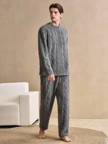 2Pcs Vintage British Style Comfortable Plush Textured Double-Sided Fleece Argyle Pattern Long Sleeve Top And Pants Men's Loungewear Set, Fall/Winter Clothes, Fluffy, Cozy - Dark Grey - View 5