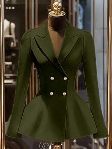 GlowEve CURVE 大码女式纯色翻领长袖双排扣腰部修身优雅西装外套 - 軍綠色 - 查看 1