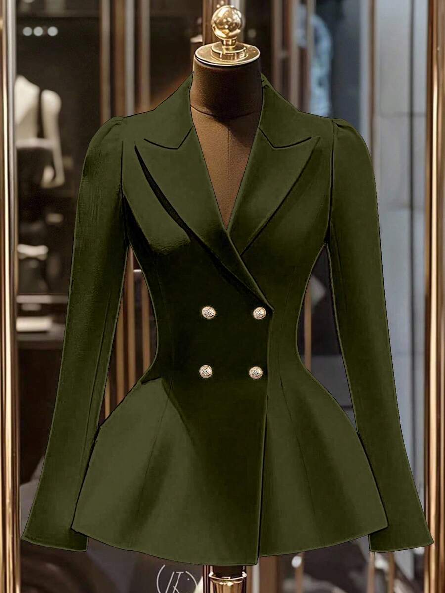 GlowEve CURVE 大码女式纯色翻领长袖双排扣腰部修身优雅西装外套 - 軍綠色 - 查看 1