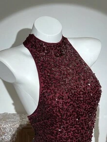 Elamini Women's Red Sequin & Feather Patchwork Halter Mini Dress, Suitable For Party And Holiday Events  Autumn/Winter Fashion. Perfect Red Dress For Holiday. - Burgundy - View 5