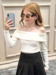 SHEIN 少女纯白色罗纹针织露肩长袖短款上衣T恤，休闲日常穿着，秋冬季，可与妈妈亲子装搭配，时尚秋季款 - 白色 - 查看 11