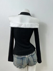 Elamini 1pc Women's Black Faux Fur Patchwork Contrast Color Asymmetrical Hem Drawstring Waist Casual Commute Fitted Sexy Blouse, Suitable For Winter, Christmas, Valentine's Day