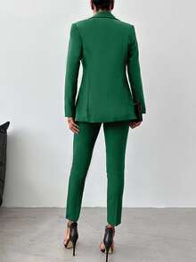 SHEIN Cottnline 女士简约纯色翻领西装外套和系带西装裤套装，适合工作和通勤 - 青檸色 - 查看 2
