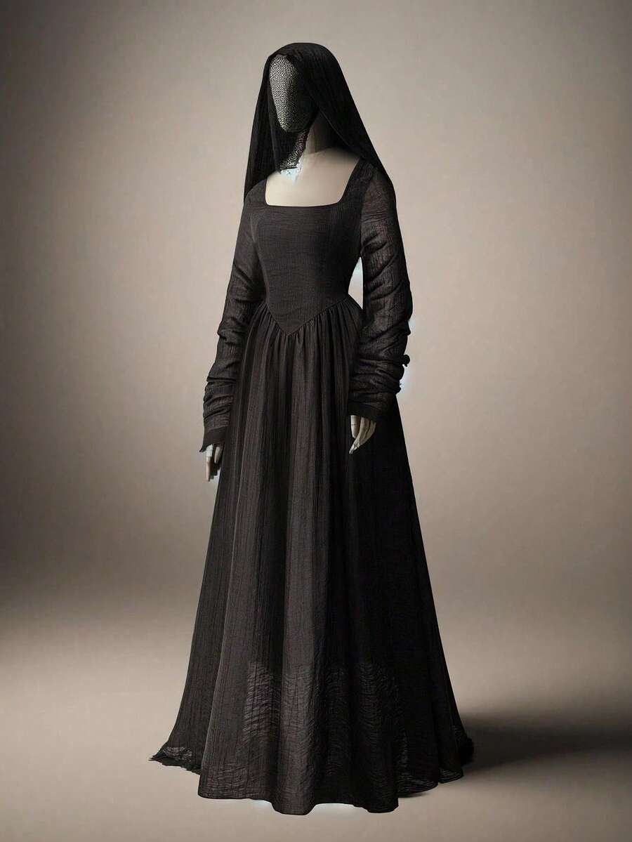 SHEIN PETITE CURVE Elegant Solid Color Waist Cinched Slim Fit Dress - Black - View 1