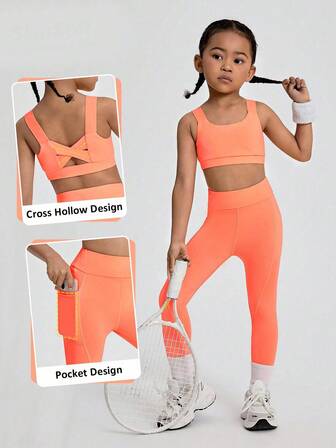 SHEIN 交叉肩帶運動戶外女孩套裝，高彈力塑形，自由伸展，透氣吸汗，適合騎行、跑步、室內舞蹈和綜合訓練