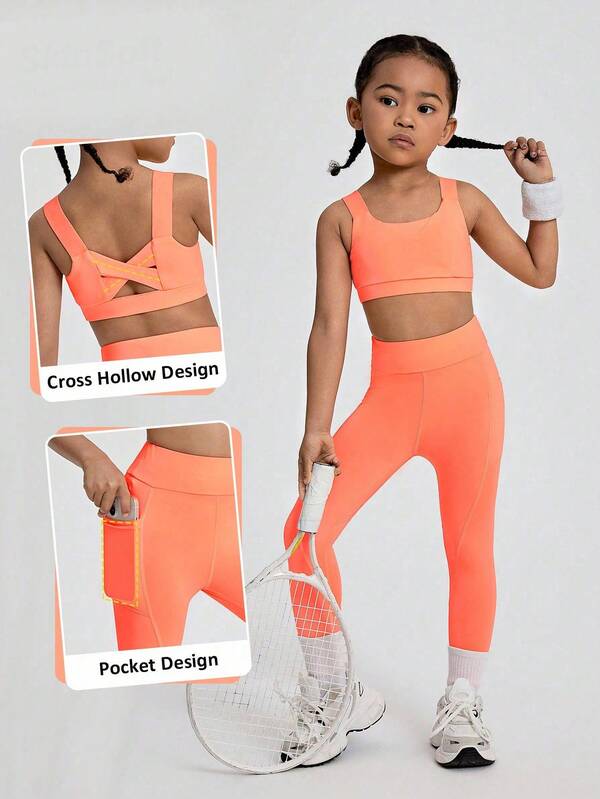 SHEIN Conjunto Esportivo e Ao Ar Livre para Jovens Meninas com Alças Cruzadas, Alta Elasticidade para Melhora da Figura, Estiramento Livre, Respirável e Absorvente de Suor para Equitação, Corrida, Dança Indoor e Treinamento Completo