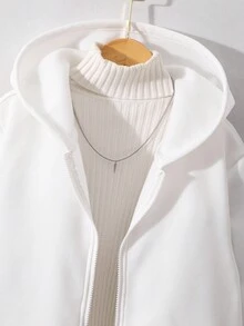 Teens' Solid Black Hooded Zip-Up Sweatshirt, Suitable For Casual & Sports Wear Fall Winter - White - View 4