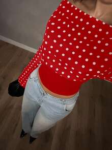 Glamine Polka Dot Print Oblique Shoulder Long Sleeve Top For Women, Autumn - Red - View 4