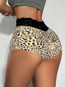 SHEIN Bare Chapter Women's Leopard Print Lace Patchwork Boyshort Panties
