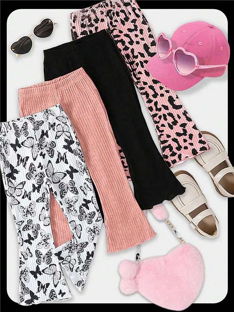 SHEIN 4pcs Young Girl Casual Multi-Color Butterfly & Leopard Print Pattern Plus Solid Color Versatile Flare Pants For Spring/Autumn Chic Outfits For Autumn/Winter
