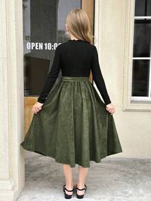 SHEIN Tween Girls' Elegant Casual Knit Green Patchwork Long Sleeve Dress Autumn Winter Tween Girls Dress With Belt - Black - View 3