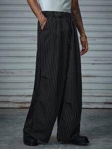 AXEPEAK 男士抽绳腰带条纹口袋阔腿宽松休闲裤，适合秋季 - 黑色 - 查看 3