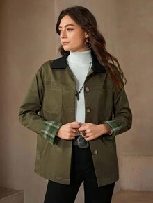 Wildy Women's Plaid Cuff Single-Breasted Casual Winter Jacket Going Out Tops