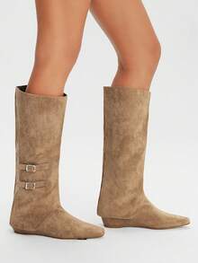 Styleloop Botas altas de rodilla planas de estilo retro y casual para mujer - Marrón - Ver 6