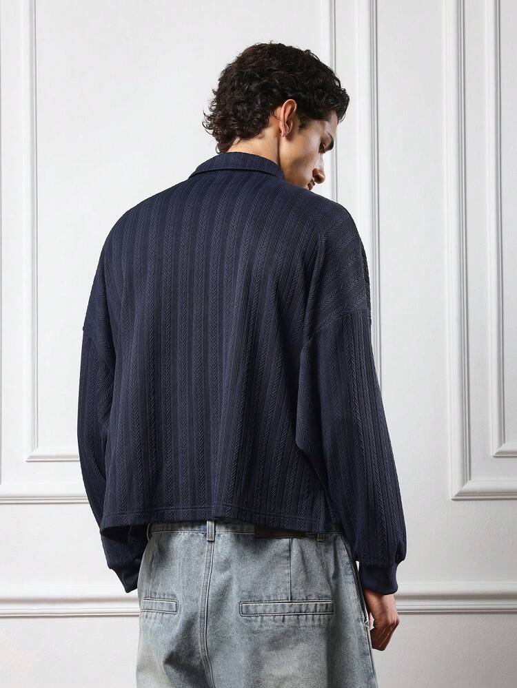 Suéter Polo Texturizado SUMWON para Homens, Caimento Quadrado, Manga Longa, Padrão Canelado, Comprimento Regular, Estilo Casual de Rua, Moda de Outono, Liso