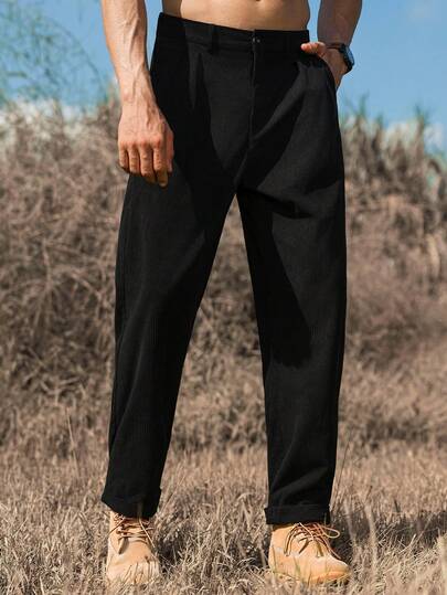 Manfinity Nomadique Men's Solid Color Corduroy Casual Pants Men Black Dress Pants, Fall/Winter