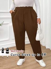 SHEIN CURVE+ Pantalones negros de talla grande para mujer con estampado de leopardo, costuras, cintura elástica y bolsillos, ropa de otoño e invierno, ropa informal y cómoda, pantalones para trabajo, ropa de maestra, pantalones para curvas, ropa de oficina, ropa casual de negocios para mujer