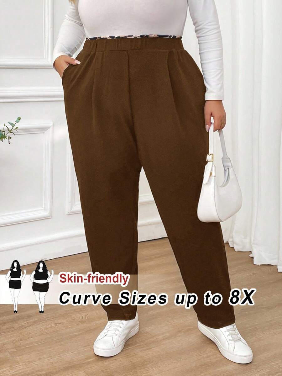 SHEIN CURVE+ Pantalones negros de talla grande para mujer con estampado de leopardo, costuras, cintura elástica y bolsillos, ropa de otoño e invierno, ropa informal y cómoda, pantalones para trabajo, ropa de maestra, pantalones para curvas, ropa de oficina, ropa casual de negocios para mujer