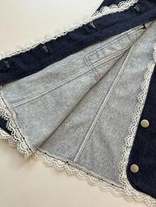 Elamini Váy denim thường ngày không tay, cổ ren màu tương phản dành cho nữ - Màu xanh lam - Xem 7