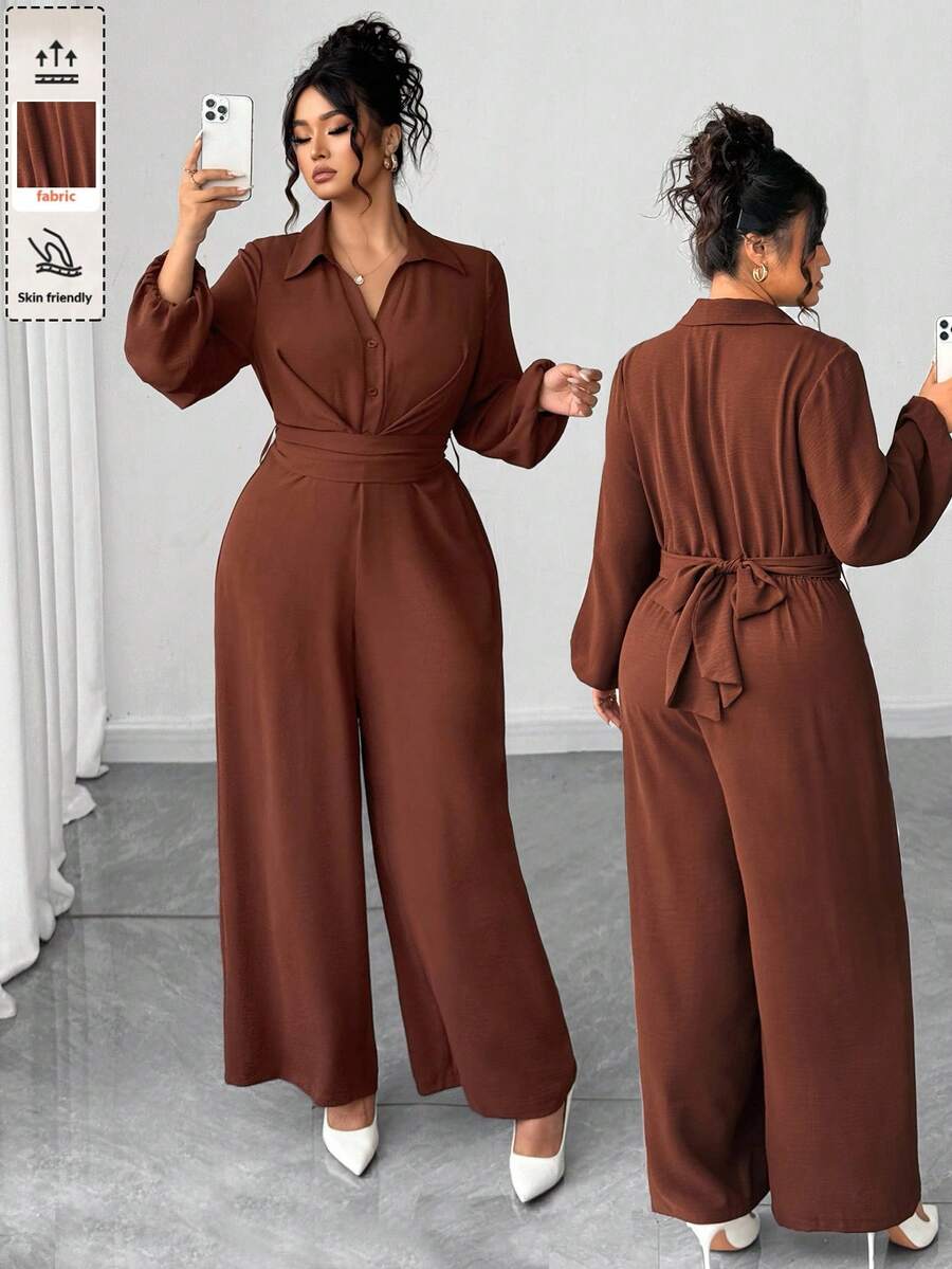 Elenzga Mono informal de talla grande con cintura ajustada y unicolor - Marrón - Ver 1