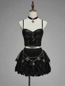 ROMWE EDITION Váy lưới chữ A phong cách Halloween Gothic Lolita dành cho nữ - màu đen - Xem 9
