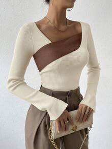 SHEIN Allurite Women's Contrast Color Asymmetrical Neckline Long Sleeve Knit Sweater Neutral Tops Knit Tops Coffee Brown Top Square Neck Tops Knit Top Women - Apricot - View 5