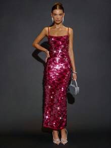 SHEIN BAE Đầm dự tiệc cocktail hở lưng đính sequin lấp lánh thanh lịch dành cho nữ, thích hợp đi hộp đêm, tiệc tùng, những dịp trang trọng, Giáng sinh - Màu Hồng Tươi - Xem 3