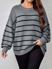 SHEIN Cottnline Plus Size Plus Size Loose Fit Colorblock Striped Pullover Sweater - Light Grey - View 3