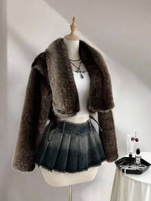 SHEIN Tall Women's Frayed Waist Pleated Denim Mini Skirt - Black - View 3