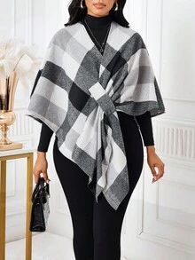 SHEIN Lady Women's Elegant Plaid Poncho Style Woolen Coat, Autumn - Multicolor - View 4