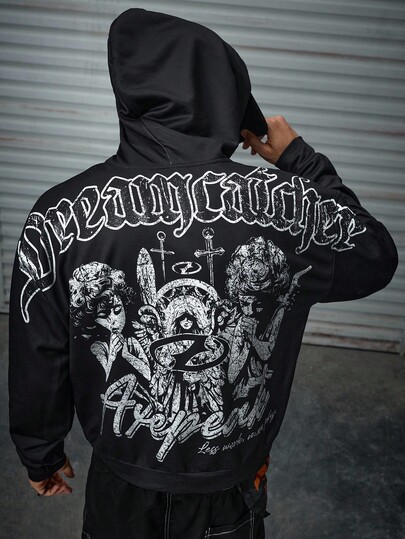 AXEPEAK Sudadera con capucha elástica con estampado de letras de ángel para hombres, para otoño e invierno