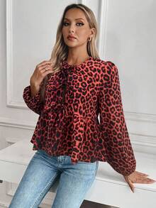 SHEIN LUNE 豹纹领口灯笼袖荷叶边衬衫荷叶边上衣 - 彩色 - 查看 4