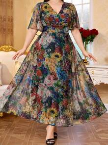 Modelyn 全新奢华优雅宽松V领短袖连衣裙 - 淡黃色 - 查看 6