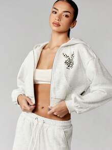Missguided x Playboy Áo hoodie có khóa kéo, họa tiết da báo, đồ mặc nhà, mùa đông, mùa thu, thời trang dạo phố thường ngày - Màu Xám nhạt - Xem 6